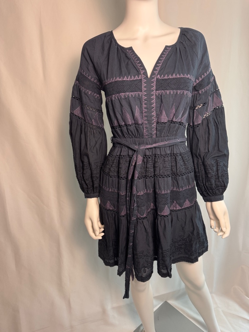 Anthropologie Black Mini Dress with Mauve Embroidery